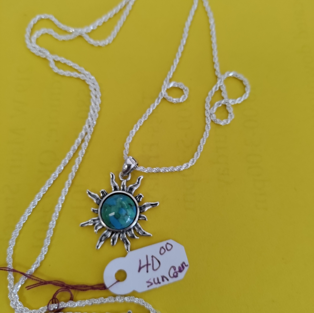 Genuine Turquoise Sun necklace set in Sterling Silver with 22in sterling silver